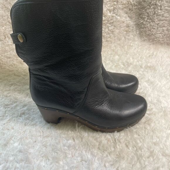 UGG Cora Lynn fold over leather black sheepskin lining clog boots size 9 - Picture 6 of 16